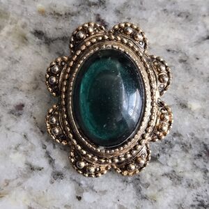 VTG Gold Silver Tone Metal Giant Green Glass Cabochon Victorian Style Brooch